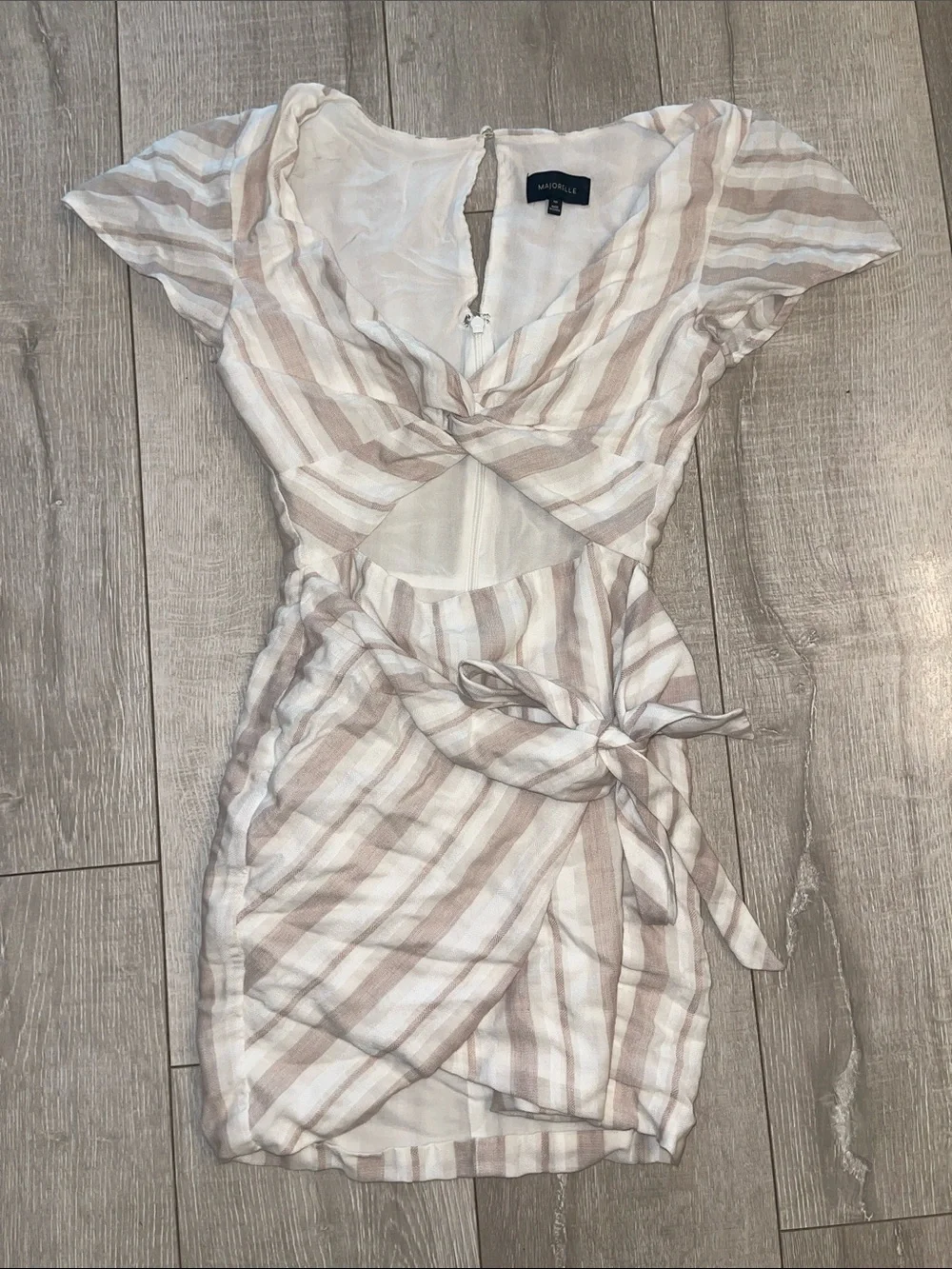 MAJORELLE linen Striped Cutout Wrap Dress in Beige White XXS